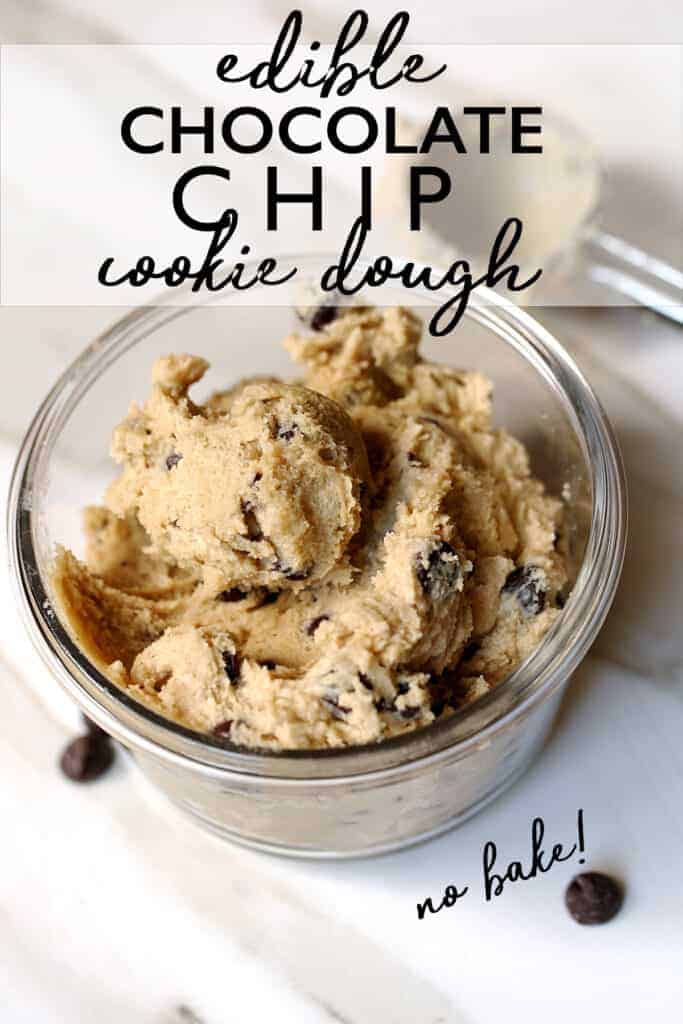 Edible Chocolate Chip Cookie Dough has all the flavors of classic cookie dough but this recipe safe to eat right off the spoon! edible cookie dough | cookie dough recipe | chocolate chip cookie dough 