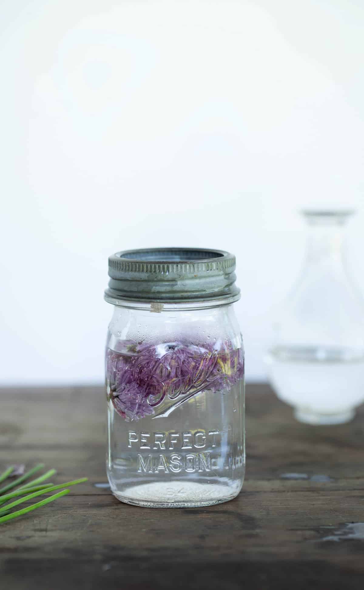 Chive Blossom Vinegar is a beautiful, naturally pink vinegar made from infusing the edible flowers abundantly growing atop chives in the spring with vinegar. chive blossom recipes | chive blossom vinegar | edible flowers | edible flower recipes | infused vinegar | herb infused vinegar | naturally pink foods | purple foods